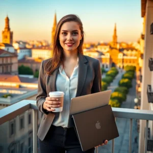 Mujer sonriente con traje de trabajo sosteniendo un café para llevar y un portátil en un balcón con vistas a una ciudad al atardecer, luz dorada sobre edificios y torres que crea un ambiente profesional y sereno — Mujer profesional en balcón con portátil y café al atardecer — alquiler sevilla profesional solo vale pena mudarse alli.