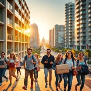 Grupo de jóvenes sonrientes con mochilas y cajas caminando por una avenida urbana flanqueada por edificios modernos al atardecer con aspecto estudiantil, Estudiantes mudanza urbana: alquiler valencia estudiantes vale pena mudarse alli