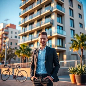 Hombre joven con traje que sonríe frente a un edificio residencial moderno con balcones, bicicleta apoyada en segundo plano y vegetación en la acera, Profesional sonriente junto a edificio residencial moderno y bicicleta, alquiler valencia profesional solo vale pena mudarse alli.