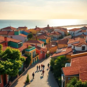 Vista panorámica de un barrio costero con tejados rojizos y fachadas coloridas, calle empedrada con peatones y el mar brillante al fondo alternativas barrios caros santander cerca playa barato