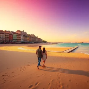 Pareja paseando junto a la orilla al atardecer sobre arena dorada con sombras largas, un rompeolas que entra al mar y un paseo marítimo de edificios coloridos al fondo, area romantica san sebastian cara vale pena playa.