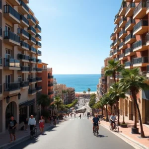 Amplia calle en pendiente flanqueada por edificios con balcones y palmeras que desemboca en el mar, mostrando peatones, ciclistas y terrazas soleadas; Calle con palmeras, balcones y vista al mar, gente y bicicletas barceloneta barcelona 26 euros metro alquiler justifica ubicacion.
