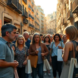 Multitud de vecinos y compradores caminan por una calle estrecha y soleada entre edificios con balcones, muchos con bolsas y miradas serias, Calle concurrida con vecinos y compradores preocupados — barceloneta barcelona caro turistas locales expulsados gentrificacion