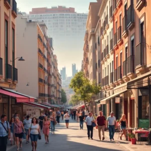 Calle peatonal animada con cafés, tiendas y balcones, barrios baratos madrid cerca centro mismo servicios, con edificios alineados, mesas al aire libre, árboles en el paseo y muchas personas caminando que comunican un ambiente urbano acogedor y fácilmente reconocible para lectores de pantalla.