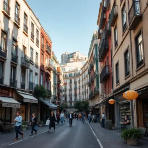 Calle peatonal curvada flanqueada por edificios de varias plantas con balcones de hierro, comercios y cafés con terrazas y toldos, gente paseando y sentada en mesas exteriores bajo una luz cálida que anima el ambiente, Calles peatonales con balcones, cafés y tiendas, gente paseando — barrios emergentes madrid 2024 antes gentrificacion precio.