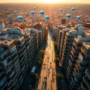 Barrios espana mas sobrevalorados 2024 burbuja inmobiliaria — avenida al atardecer con burbujas de precio sobre edificios: vista aérea de una amplia calle peatonal flanqueada por bloques de pisos con peatones que proyectan largas sombras al sol poniente y esferas flotantes con cifras de precio sobre los tejados que simbolizan una burbuja inmobiliaria.