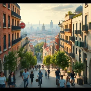 Calle empinada con balcones, árboles y peatones barrios madrid revalorizacion futura vale pena, vista panorámica desde la pendiente con edificios residenciales a ambos lados, balcones con barandillas, árboles alineados en las aceras, ciclistas y personas caminando que detallan un entorno urbano cálido con cúpulas y torres en el horizonte.