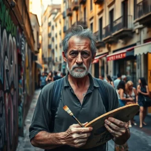 Hombre mayor de barba y pelo cano sostiene una paleta y un pincel en una calle estrecha con grafitis y turistas desenfocados al fondo, transmitiendo cansancio y dignidad, born barcelona gentrificado artistas locales expulsados turismo