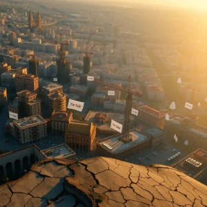 Vista aérea al atardecer de un núcleo urbano con edificios densos, grúas y señales de venta colocadas sobre inmuebles, suelo agrietado en primer plano y una luz dorada que resalta la sensación de riesgo inmobiliario, Burbuja inmobiliaria espana 2024 zonas mas afectadas: barrios, grúas y edificios en venta