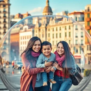 Familia sonriente en burbuja urbana frente a edificios históricos — burbuja madrid familia joven vale pena mudarse alli, dos mujeres abrazan a un niño sonriente dentro de una cúpula transparente en una plaza con fachadas clásicas y una atmósfera luminosa al fondo.