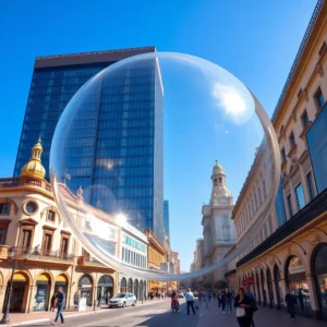 Burbuja gigante en calle urbana con arquitectura clásica y moderna burbuja sevilla profesional solo vale pena mudarse alli, una burbuja translúcida y reflectante flota sobre una avenida soleada flanqueada por fachadas clásicas con cúpulas y un edificio moderno de cristal mientras peatones y vehículos circulan debajo.