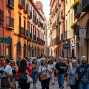 Calles abarrotadas: centro sevilla caro turistas locales no pueden vivir, vista a nivel de calle de una estrecha vía flanqueada por edificios con balcones y tiendas, llena de personas paseando, algunas con mochilas y cámaras bajo una luz cálida.