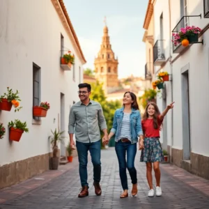 Pareja con su hija caminando de la mano por una estrecha calle sevillana de adoquines entre fachadas blancas adornadas con macetas y flores y con una torre histórica al fondo, Familia joven paseando por calle sevillana con macetas y torre histórica, especulacion sevilla familia joven vale pena mudarse alli