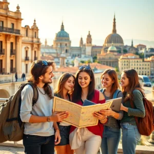 Cinco jóvenes con mochilas y sonrisas consultan un mapa turístico frente a edificios históricos con cúpulas en una ciudad soleada, especulacion valencia estudiantes vale pena mudarse alli.