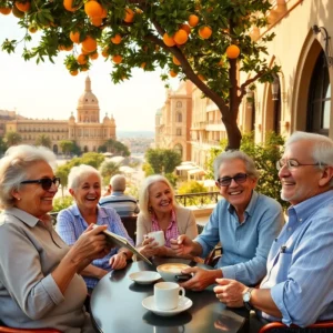 Personas mayores sonrientes compartiendo café en una terraza con naranjos frente a edificios históricos y vista al mar, Jubilados en terraza bajo naranjos junto a arquitectura histórica y vista al mar — especulacion valencia jubilados vale pena mudarse alli.
