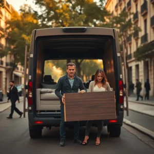 Pareja descarga mueble de furgoneta en calle elegante — experiencia mudanza barrio exclusivo madrid problemas ocultos, dos personas sostienen un mueble de madera frente a la furgoneta abierta con un sofá visible en el interior, con edificios señoriales, árboles y peatones al fondo.