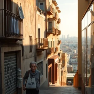 Persona mayor en calle estrecha de barrio antiguo gentrificacion espana barrios perdieron identidad precio, mujer mayor sube por una cuesta entre edificios con balcones y ropa tendida, persianas cerradas y grafiti, llevando una bolsa de tela mientras la luz cálida del atardecer ilumina la escena y al fondo se adivina el skyline moderno de la ciudad.