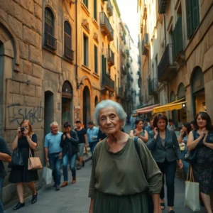 Anciana en calle estrecha con turistas y locales gotic barcelona turistificado caro vivir residentes locales, rostro sereno en primer plano en una calle flanqueada por fachadas antiguas, balcones, cafeterías y gente paseando y fotografiando.