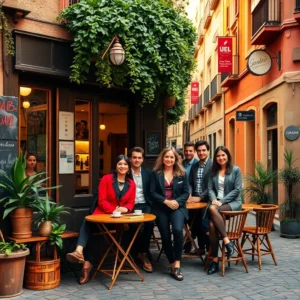 Seis personas vestidas de forma profesional sonríen alrededor de mesas de madera en la terraza de una cafetería situada en una calle estrecha con macetas y fachadas cálidas, Gracia barcelona hipster caro jovenes profesionales alternativas — jóvenes profesionales en terraza de cafetería en calle estrecha.