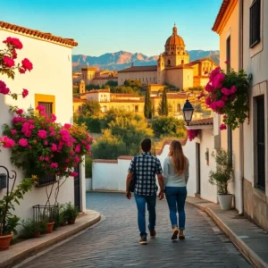 Dos personas de espaldas caminan de la mano por una calle empedrada flanqueada por casas blancas adornadas con macetas y buganvillas fucsias, faroles y un borde de setos, mientras al fondo se alza una cúpula histórica bañada por la luz dorada del atardecer y montañas lejanas, Pareja paseando por calle empedrada entre casas blancas y flores hacia una cúpula histórica al atardecer — inversion granada expatriados vale pena mudarse alli.