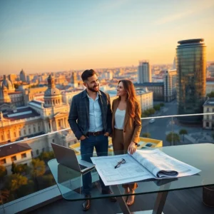 Una pareja de profesionales sonrientes contempla planos extendidos y un portátil sobre una mesa de cristal en la azotea con vistas urbanas bañadas por el atardecer, transmitiendo ilusión por un proyecto inmobiliario, Pareja de inversores en azotea con planos y vistas al atardecer — inversion madrid expatriados vale pena mudarse alli.