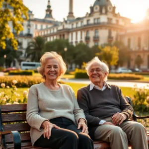 Pareja de jubilados sonrientes sentada en un banco de parque con flores y césped frente a edificios clásicos al atardecer, inversion madrid jubilados vale pena mudarse alli.