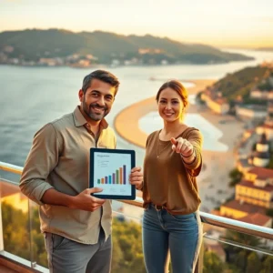 Inversion san sebastian expatriados vale pena mudarse alli: pareja con gráfico de inversión frente a la playa, pareja sonriente en un mirador sosteniendo una tableta que muestra un gráfico de barras ascendentes mientras la mujer señala hacia la cámara y al fondo se ve una bahía de arena y edificios costeros al atardecer.