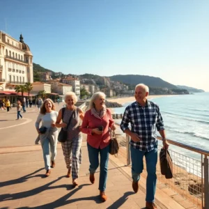 Cuatro personas mayores sonrientes (tres mujeres y un hombre) caminan juntas por un amplio paseo marítimo soleado junto a la playa y edificios costeros, transmitiendo un ambiente relajado y atractivo inversion san sebastian jubilados vale pena mudarse alli