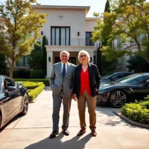 Pareja mayor frente a mansión y coches de lujo, jubilados barrio exclusivo madrid gastos fijos altos, dos personas mayores bien vestidas posan sonrientes en el camino de entrada a una vivienda señorial flanqueada por jardines cuidados y automóviles deportivos.