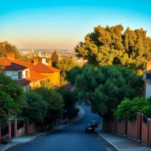 Calle en pendiente con casas de teja roja y árboles frondosos al atardecer plantio madrid urbanizacion antigua vale renovacion, vista desde arriba de una calzada empinada con viviendas de tejado rojo bañadas por luz dorada, copas de árboles densas que flanquean la vía y algunos coches aparcados.