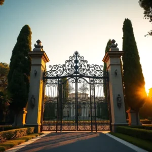 Puerta de hierro ornamentada en entrada de mansión al atardecer puerta hierro madrid exclusivo vale precio ubicacion, reja forjada con motivos barrocos entre altos pilares de piedra y cipreses, estatuas en las columnas y luz dorada del atardecer que revela jardines cuidados y una entrada señorial.
