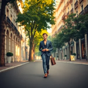 Hombre elegante con bolsa en calle comercial de lujo, recoletos madrid mas caro espana vale pena, caminando por una avenida arbolada flanqueada por edificios señoriales mientras viste traje azul y zapatos marrones sosteniendo una bolsa de compras.