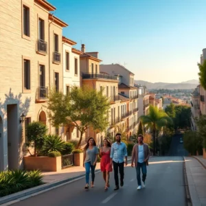 Barrio residencial soleado y elegante sarria barcelona exclusivo caro familias clase media, calle en pendiente flanqueada por edificios de fachada clara y balcones, vegetación mediterránea y palmeras, con cuatro personas paseando bajo la cálida luz del atardecer y colinas a lo lejos.