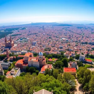 Tibidabo barcelona vistas ciudad vale sobreprecio ubicacion: panorámica aérea desde el mirador muestra una vista amplia de Barcelona con edificios de tejados rojizos y cúpulas en primer plano, extensas manzanas urbanas hasta la costa y zonas verdes de la colina bajo un cielo azul.