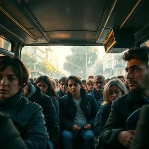 Autobús urbano abarrotado en hora punta, transporte publico barrios caros madrid peor esperado, interior lleno de pasajeros de pie y sentados con miradas cansadas y serias, asientos ocupados al máximo y luz matinal entrando por el parabrisas que deja ver fachadas y árboles de la ciudad.