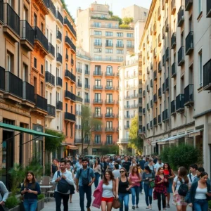 Calle peatonal animada con numerosos jóvenes caminando entre terrazas y árboles, flanqueada por edificios de varios pisos con balcones y luz cálida al atardecer, Barrio peatonal con ambiente joven y edificios con balcones — universidad madrid barrio estudiantes caro alternativas baratas, texto alternativo optimizado para accesibilidad y SEO.