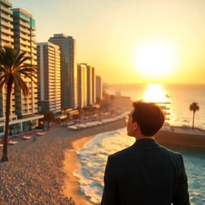 Un hombre de espaldas con gafas observa el atardecer sobre una playa urbana con olas, palmeras y una hilera de rascacielos que reflejan luz dorada, Atardecer en playa urbana con rascacielos y hombre mirando, vila olimpica barcelona caro playa vale sobreprecio vivir