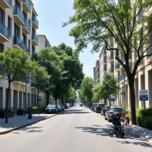 Avenida residencial arbolada con edificios modernos y cochecito de bebé — viso madrid precio sobrevalorado familias jovenes, vista en perspectiva de una calle amplia y luminosa con árboles alineados, fachadas con balcones, coches aparcados a ambos lados y una niña junto a un cochecito de bebé en la acera bajo la sombra.
