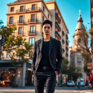 Joven con traje en calle céntrica y edificios clásicos — 'vivir goya madrid vale pena precio alto', joven de pie con las manos en los bolsillos delante de fachadas con balcones y una cúpula al fondo bajo luz cálida.