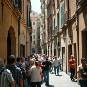 Calle estrecha con fachadas y balcones alineados, repleta de personas caminando por el pasaje soleado, zona exclusiva barcelona problemas reales habitantes cuentan.