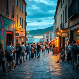 Calle empedrada en pendiente hacia el mar al atardecer con fachadas y faroles cálidos, cafés y tiendas con toldos iluminados, un mural colorido a la izquierda, grupos de personas conversando y paseando sobre el reflejo del pavimento húmedo, y un ambiente animado que sugiere zonas emergentes san sebastian alternativas area romantica.